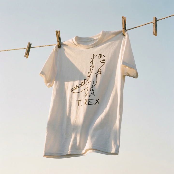 T-Rex graphic classic tee hanging on clothesline against blue sky – lofi dinosaur shirt close-up