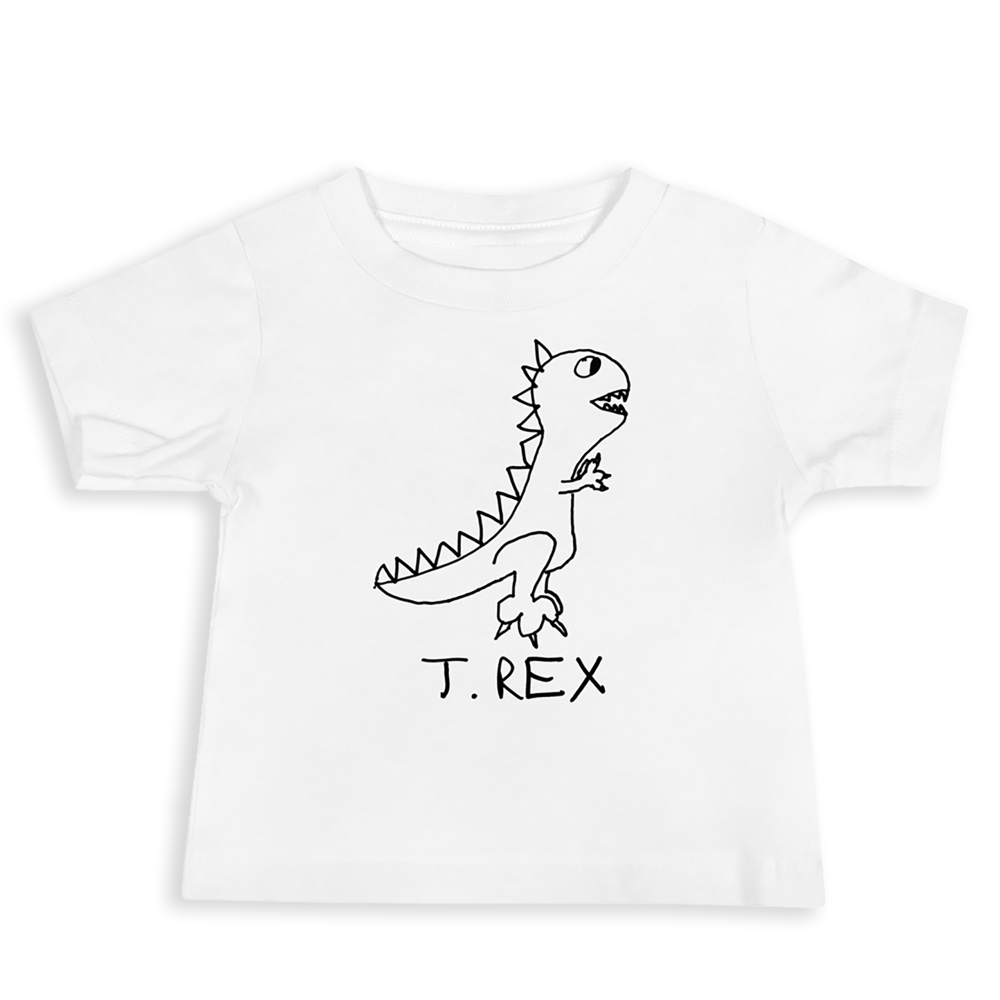 White Toddler  t-shirt with a black T Rex dinosaur graphic and 'T. Rex' text on a white background
