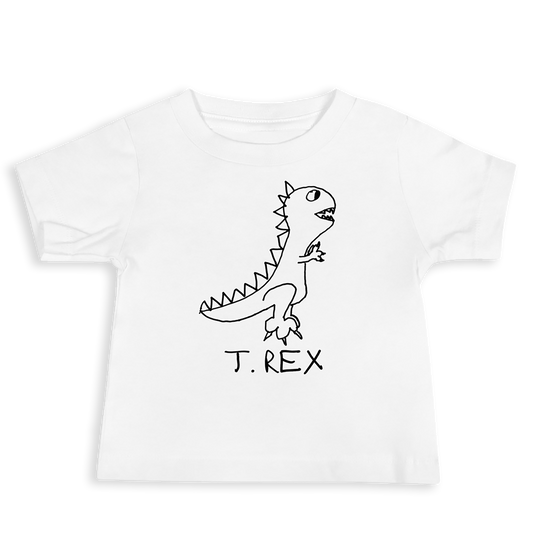 White Toddler  t-shirt with a black T Rex dinosaur graphic and 'T. Rex' text on a white background