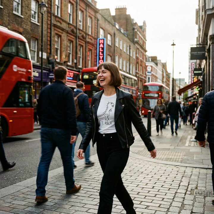 T-Rex graphic fitted tee worn on city street – lofi dinosaur shirt style