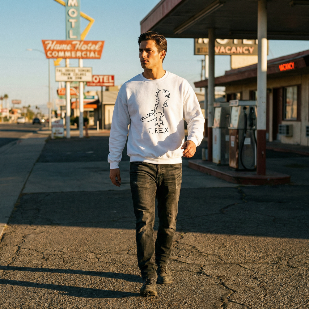Man wearing a white crewneck sweatshirt with hand drawn T Rex Dinosaur graphic, walking on a street with vintage motel signs in the background