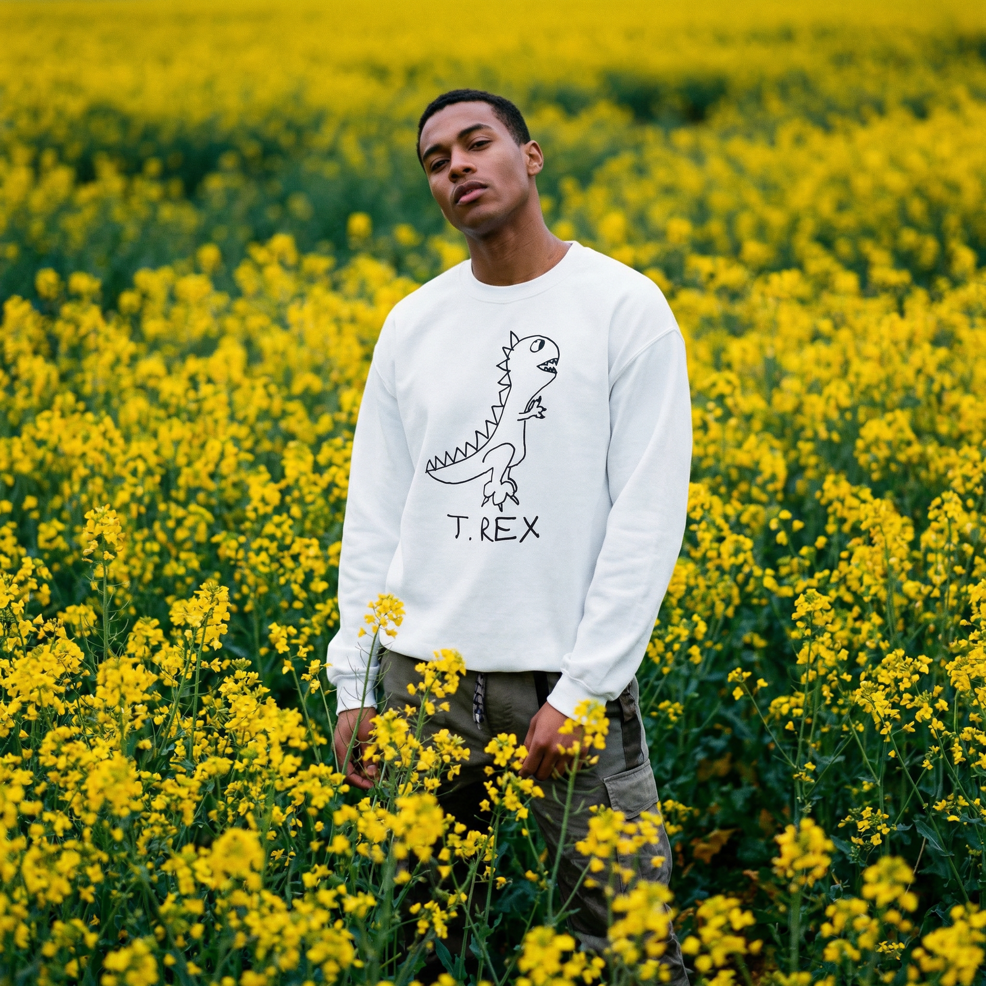 Model in a T-Rex sweatshirt standing happily through a field of yellow wildflowers