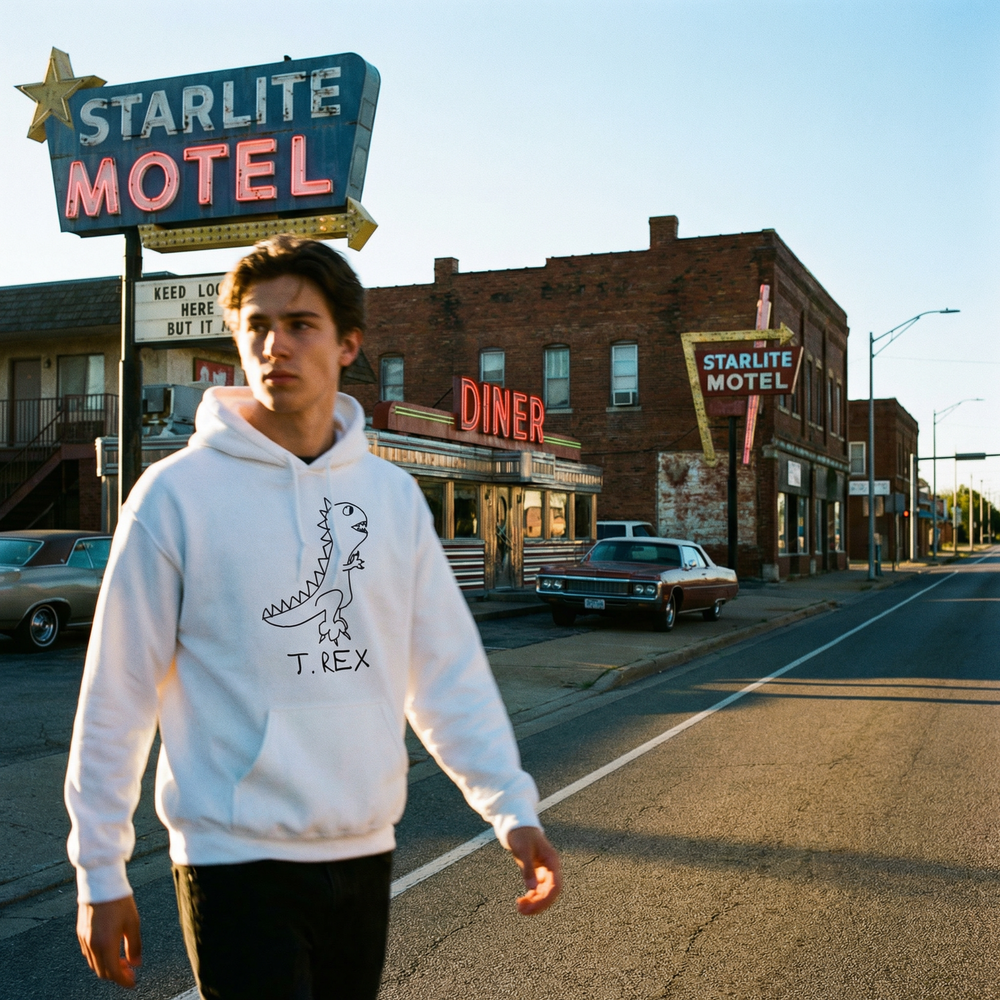 T-Rex hoodie in Americana setting – quirky dinosaur graphic hoodie