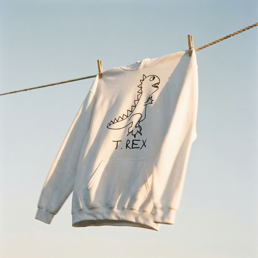 T-Rex hoodie hanging on clothesline against blue sky– minimalist lofi graphic – LoFi Animal Shirts