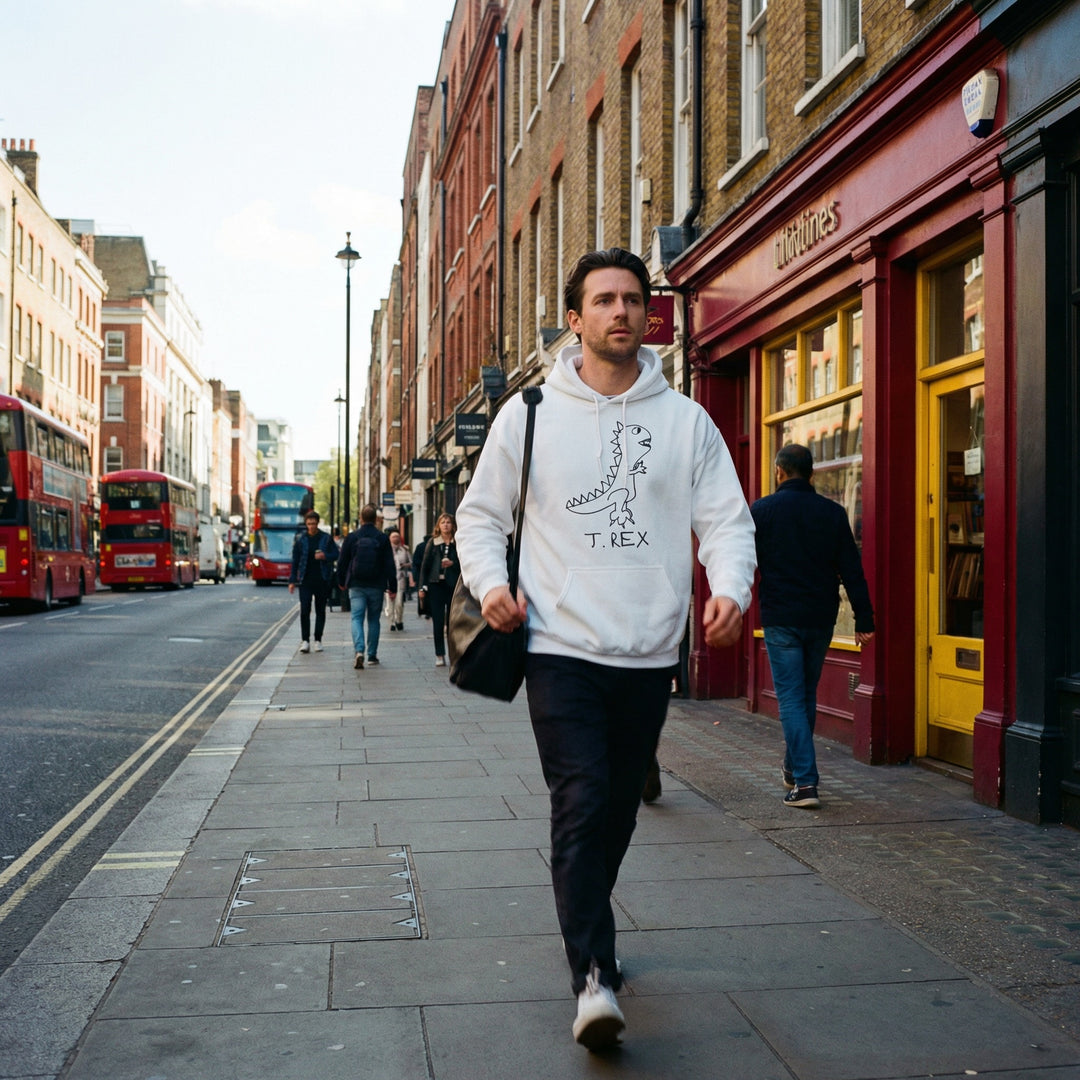 T-Rex graphic hoodie worn on London street – lofi dinosaur streetwear