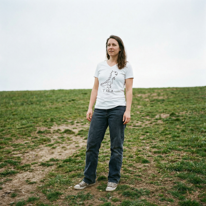 Model in T-Rex v-neck tee in a big open grassy field, arms at sides