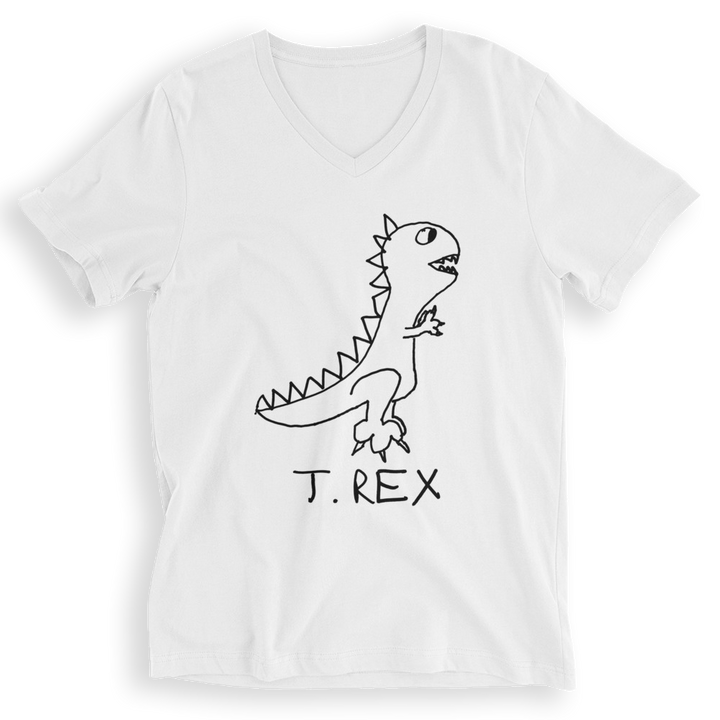 White v-neck t-shirt with a lo-fi hand-drawn T.Rex dinosaur graphic and &