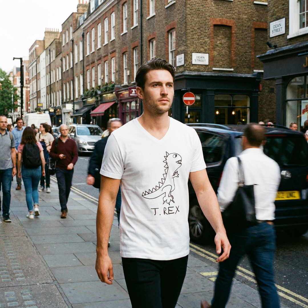 Model in lofi T-Rex v-neck tee stomping confidently down a Soho side street in London