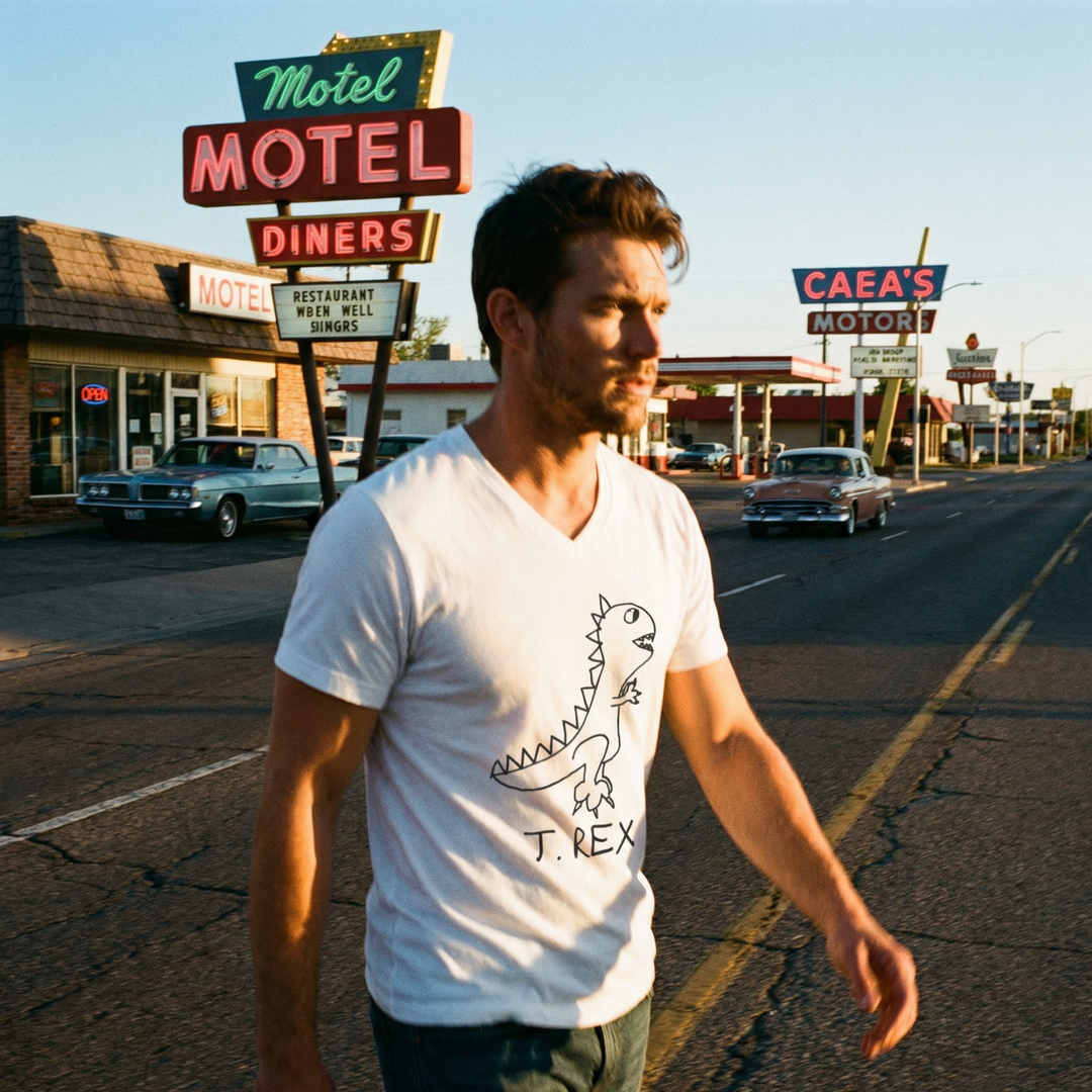 Model in T-Rex tee at a classic American roadside motel, neon sign in the background