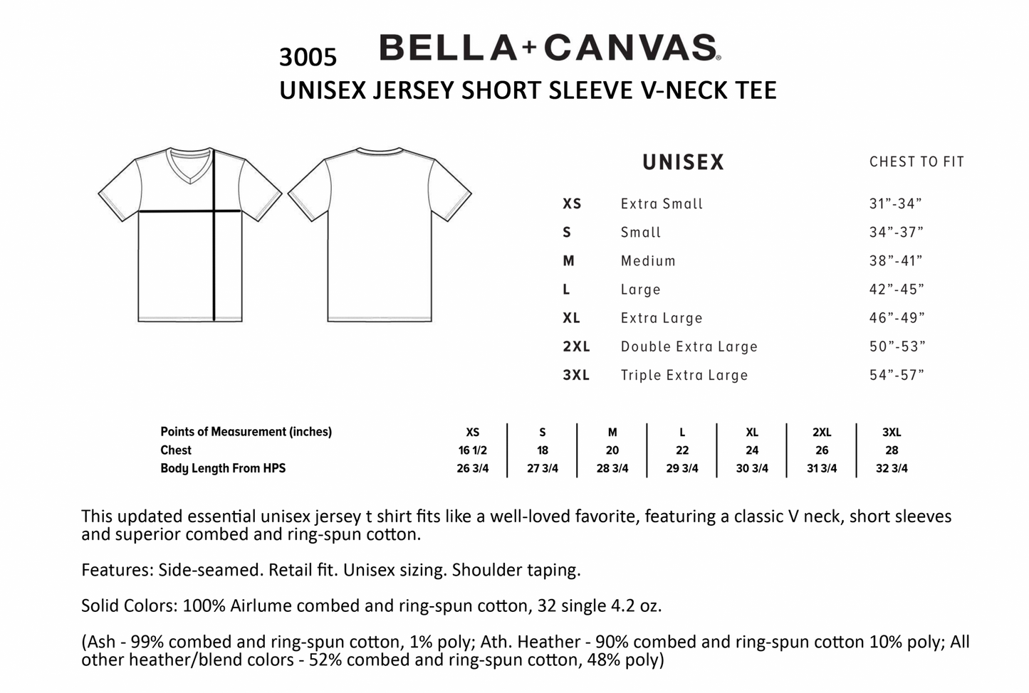 Size chart for Bella + Canvas 3005 v-neck tee – LoFi Animal Shirts