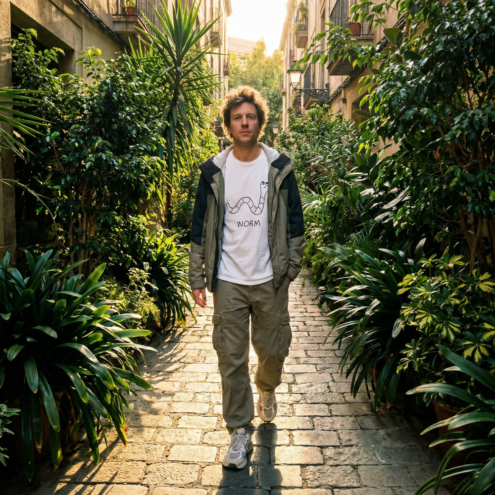Man walking down a narrow alleyway flanked by green plants wearing Worm graphic tee – lofi animal shirt streetwear style