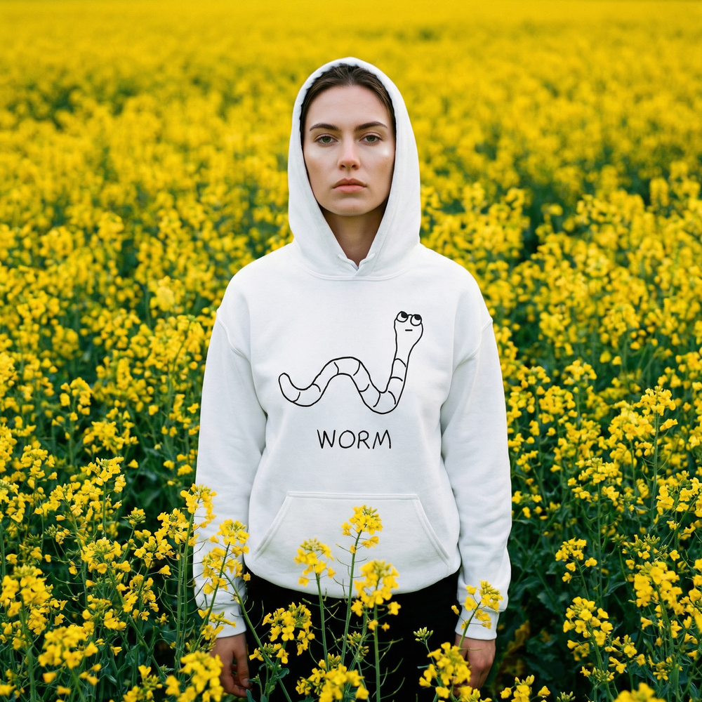 Woman wearing Worm hoodie in a field of yellow wildflowers – quirky animal graphic hoodie