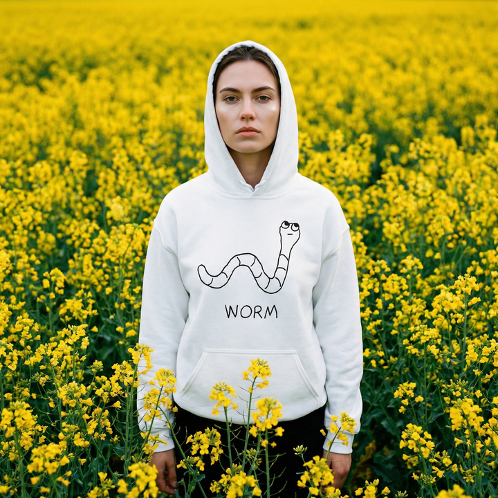 Woman wearing Worm hoodie in a field of yellow wildflowers – quirky animal graphic hoodie