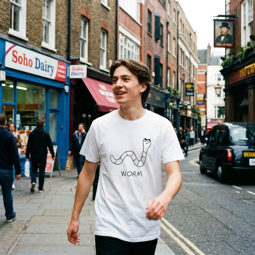 Worm graphic tee worn on city street – lofi animal shirt streetwear style