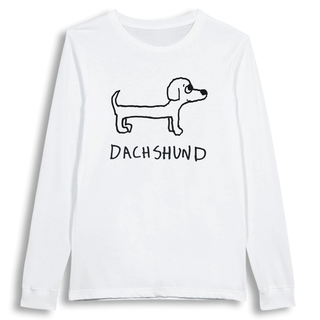 lo-fi Dachshund Long Sleeve Tee — hand-drawn dachshund graphic on a white long-sleeve t-shirt