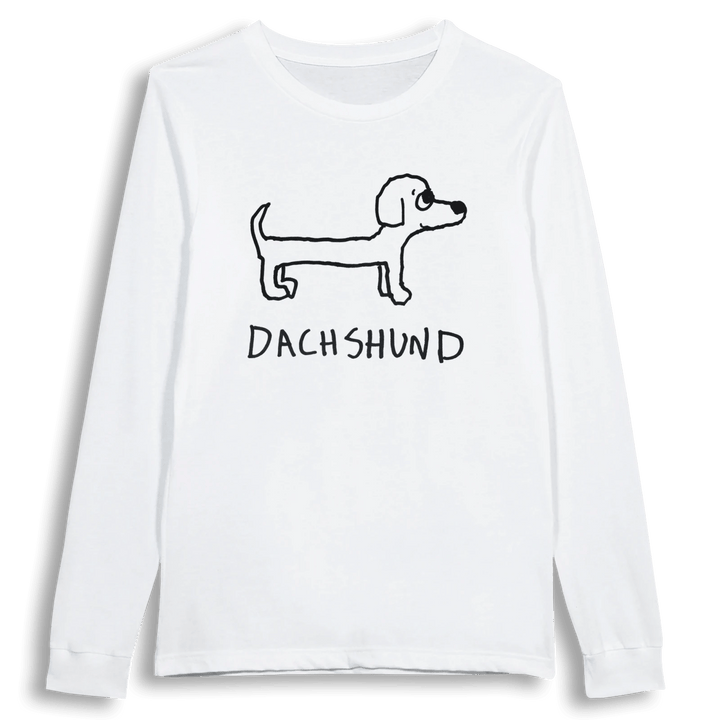 lo-fi Dachshund Long Sleeve Tee — hand-drawn dachshund graphic on a white long-sleeve t-shirt