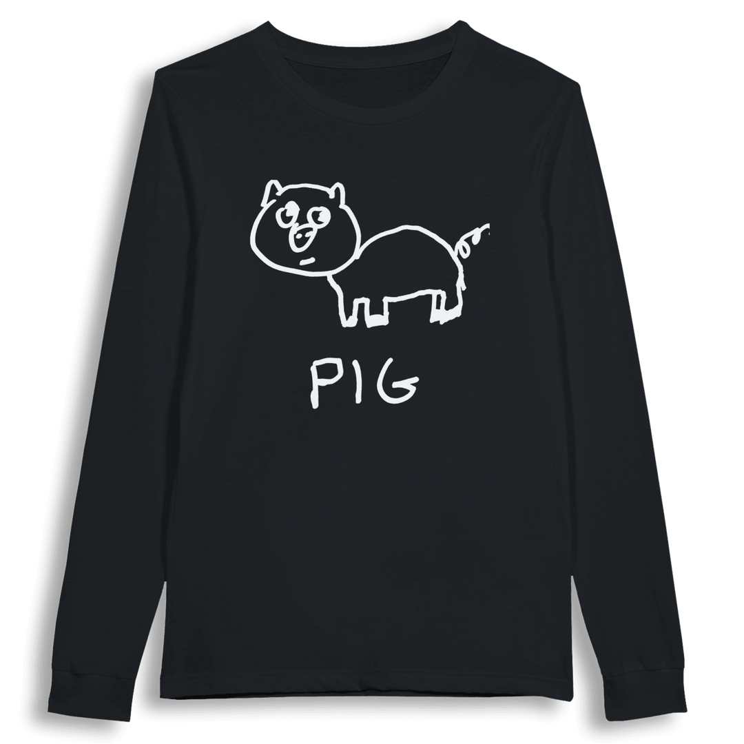 lo-fi Pig Long Sleeve Tee — hand-drawn pig graphic on a white long-sleeve t-shirt