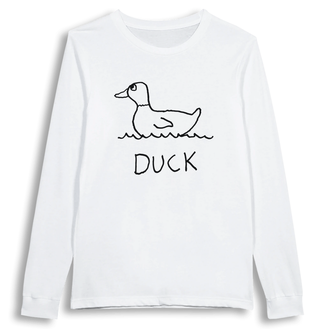 lo-fi Duck Long Sleeve Tee — hand-drawn duck graphic on a white long-sleeve t-shirt