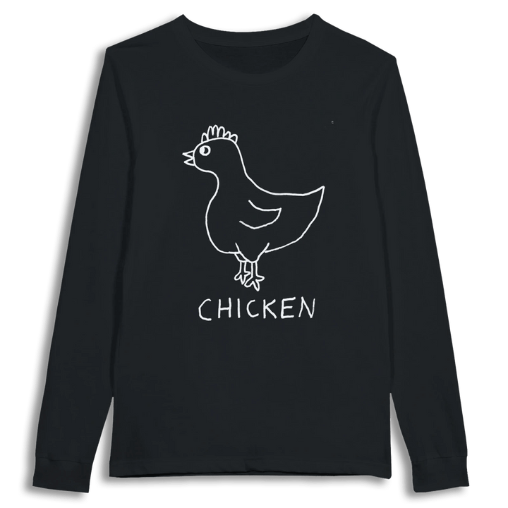 lo-fi Chicken Long Sleeve Tee — hand-drawn chicken graphic on a white long-sleeve t-shirt