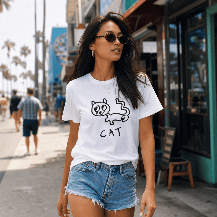 Woman walking a palm-lined beach town street in a lo-fi Cat Women&
