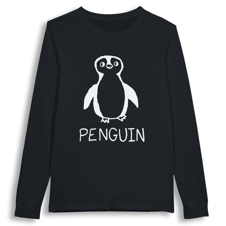 lo-fi Penguin Long Sleeve Tee — hand-drawn penguin graphic on a white long-sleeve t-shirt