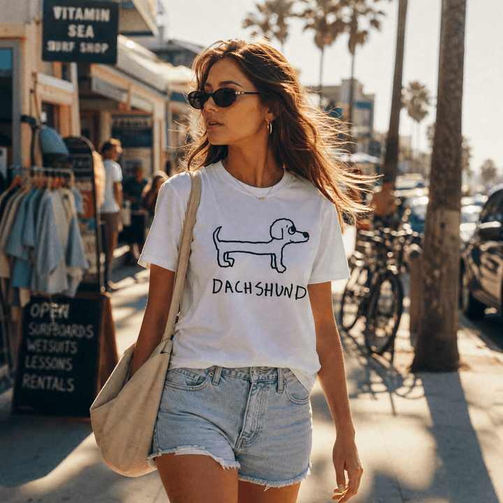Woman walking a palm-lined beach town street in a lo-fi Dachshund Women&