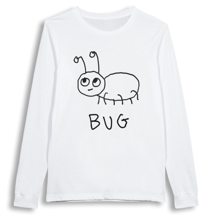 lo-fi Bug Long Sleeve Tee — hand-drawn bug graphic on a white long-sleeve t-shirt