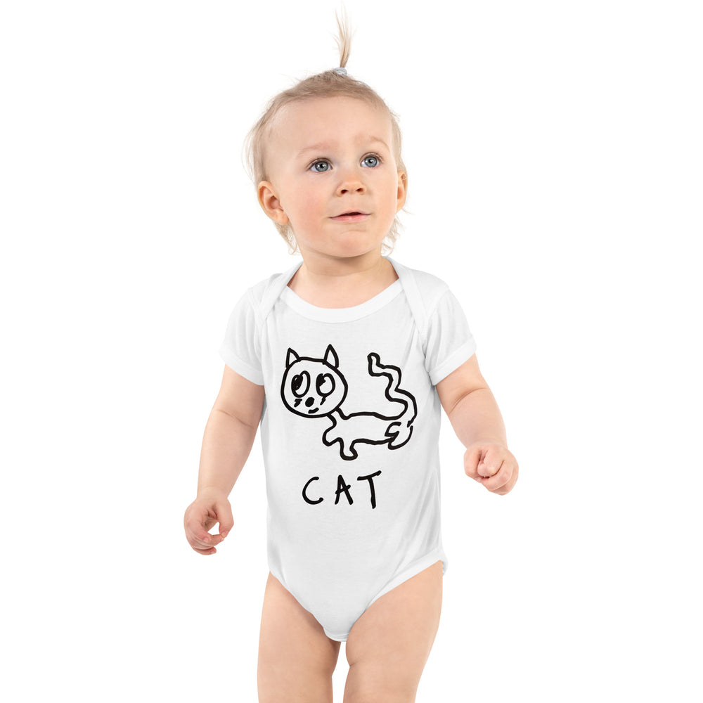 cute baby wearing white infant bodysuit with cat drawing