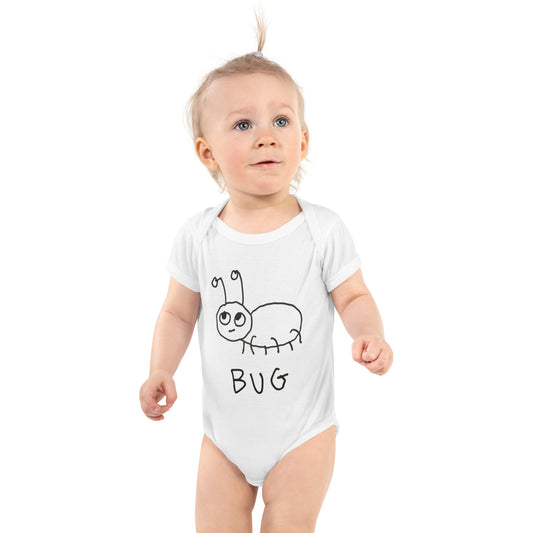 Cute baby wearing white infant bodysuit with horse drawing on it.