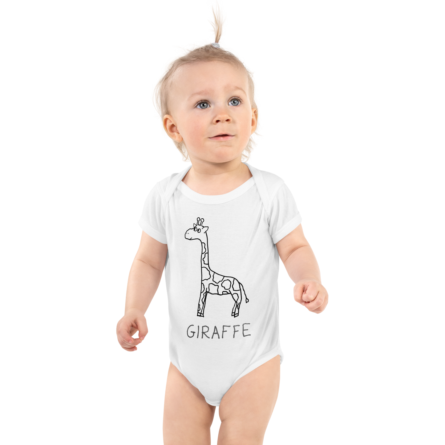 cute baby wearing a white baby onesie with a hand drawn giraffe and text 'GIRAFFE" on it. 