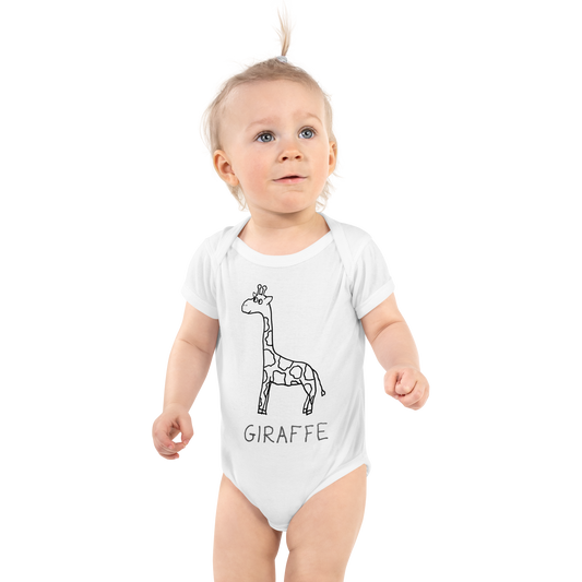 cute baby wearing a white baby onesie with a hand drawn giraffe and text 'GIRAFFE" on it. 