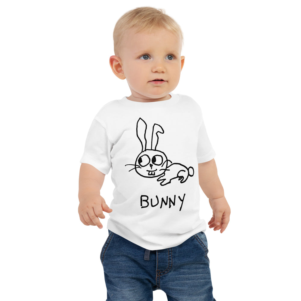 Baby wearing White t-shirt with a lo-fi hand-drawn Bunny illustration and 'BUNNY' text on a white background