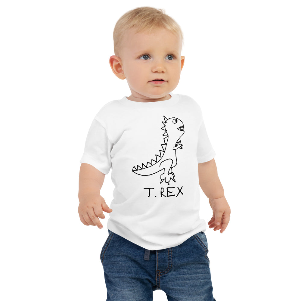 Baby wearing a white t-shirt with a dinosaur graphic and 'T. Rex' text on a white background