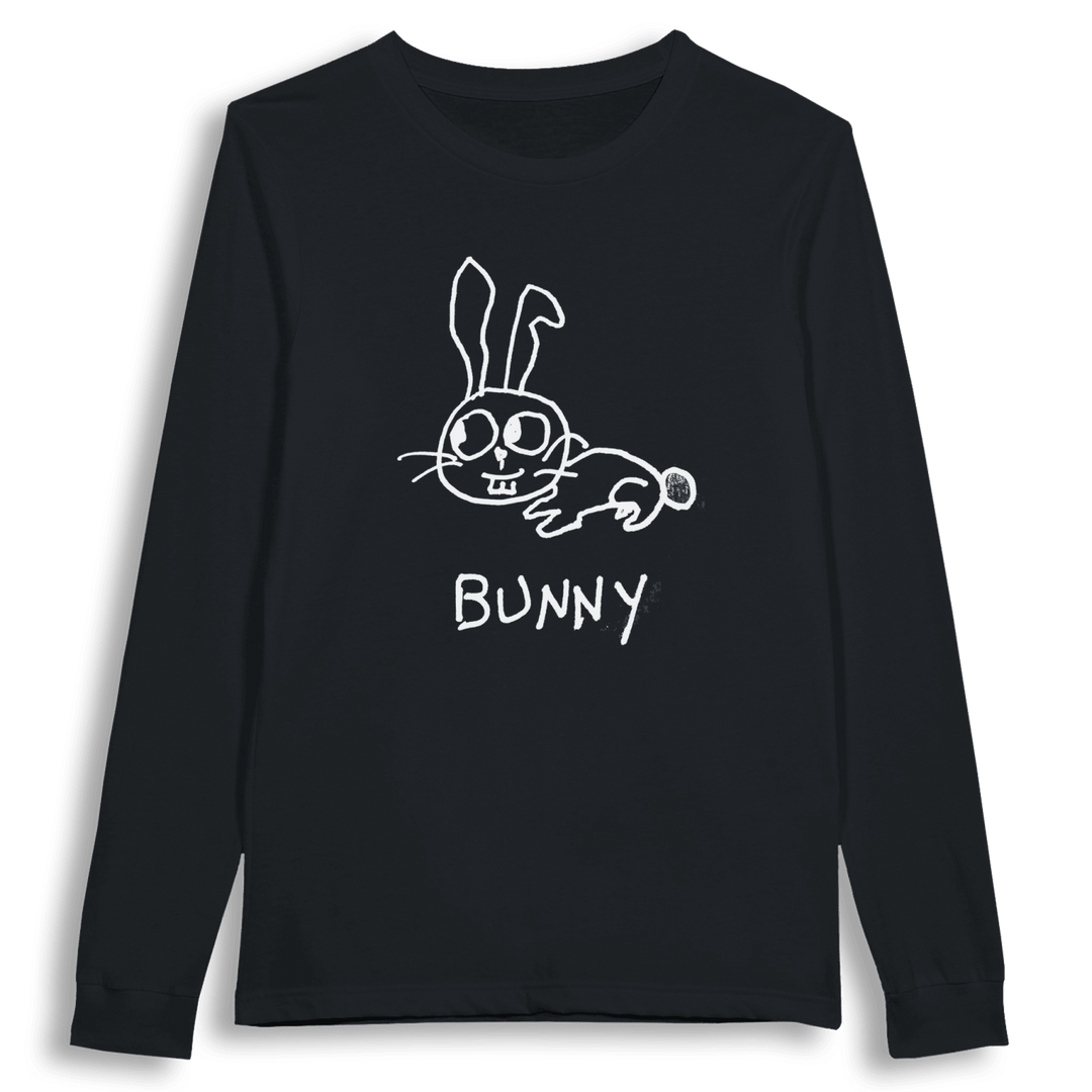 lo-fi Bunny Long Sleeve Tee — hand-drawn bunny graphic on a white long-sleeve t-shirt