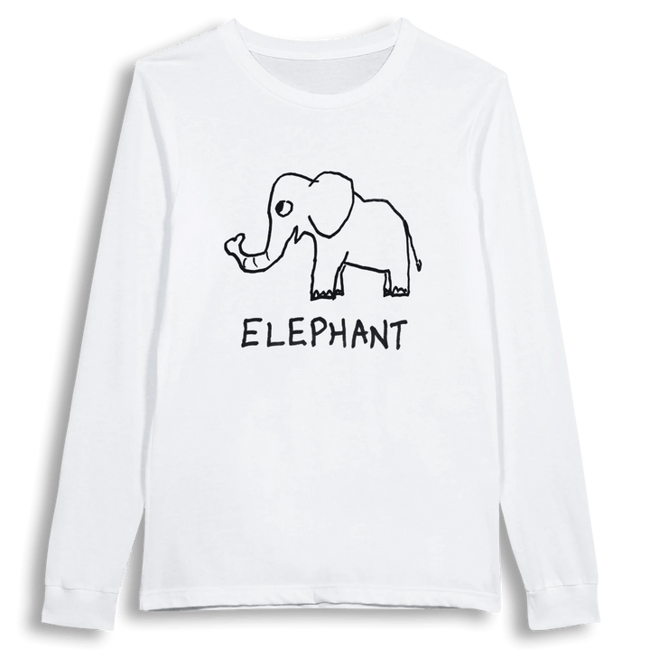 lo-fi Elephant Long Sleeve Tee — hand-drawn elephant graphic on a white long-sleeve t-shirt