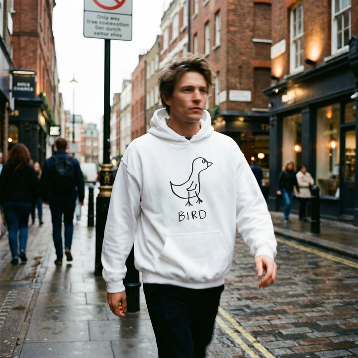 Bird graphic hoodie worn on city street – lofi animal streetwear