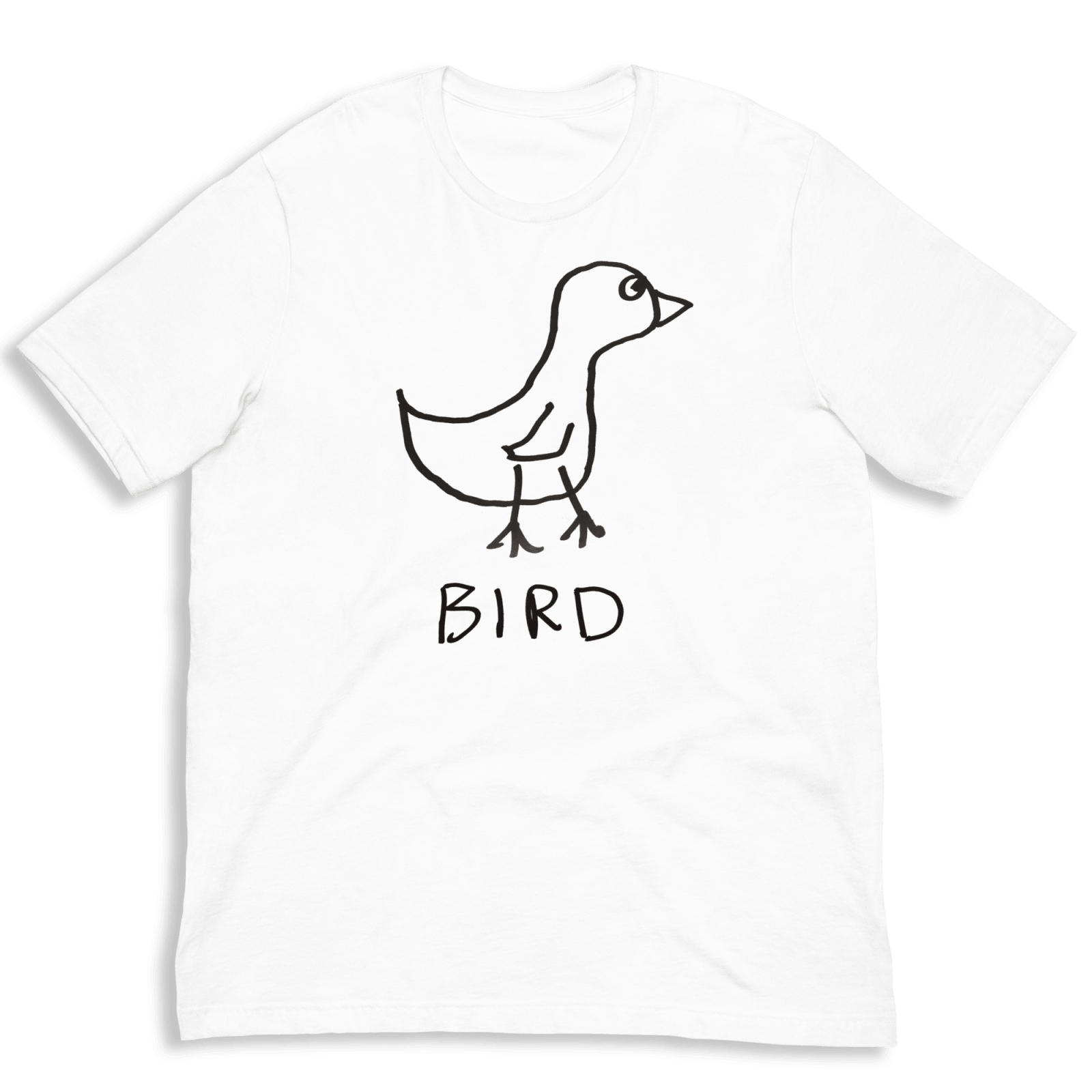 lo-fi Bird Classic Tee — hand-drawn bird graphic on a white Classic Tee on green background