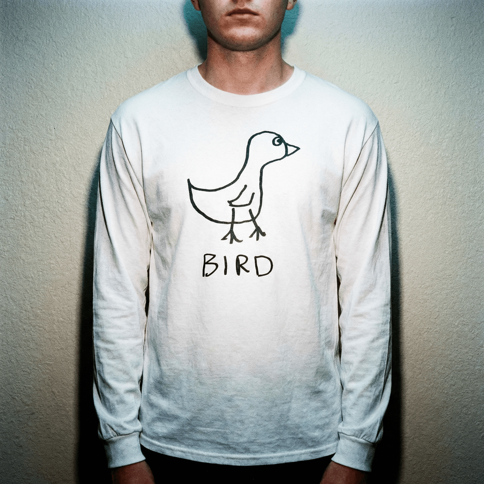 lo-fi Bird Long Sleeve Tee — hand-drawn bird graphic on a white long-sleeve t-shirt