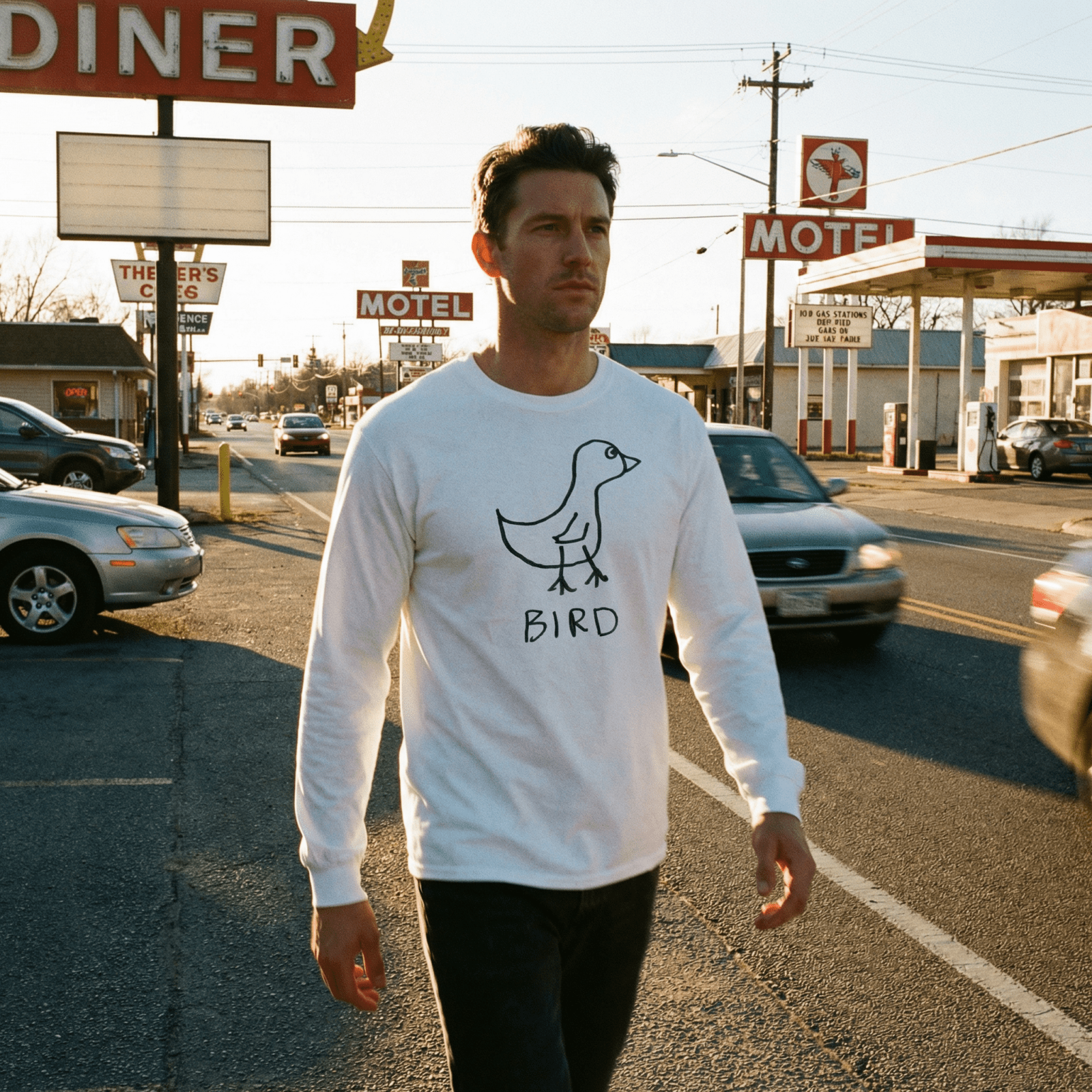 lo-fi Bird Long Sleeve Tee — hand-drawn bird graphic on a white long-sleeve t-shirt