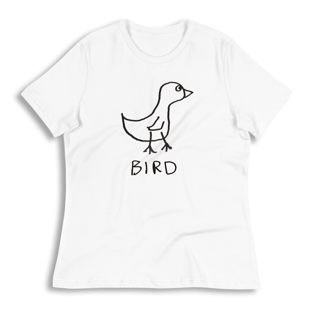 lo-fi Bird Women's Relaxed T-Shirt — hand-drawn bird graphic on a white relaxed-fit tee
