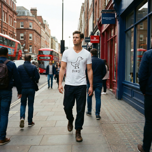 Model in bird tee pausing outside a Soho café on a London morning