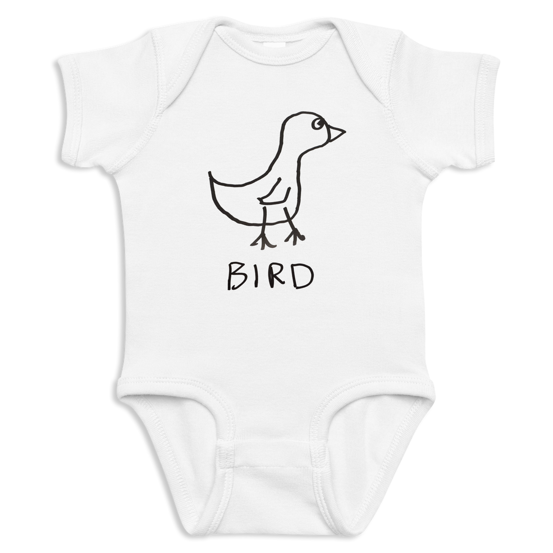 White baby onesie with a black outline of a bird and the word 'BIRD' on a white background