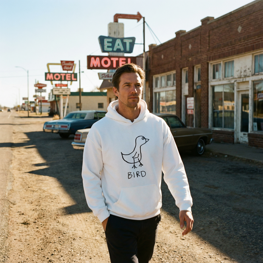 Bird hoodie in Americana setting – quirky animal graphic hoodie