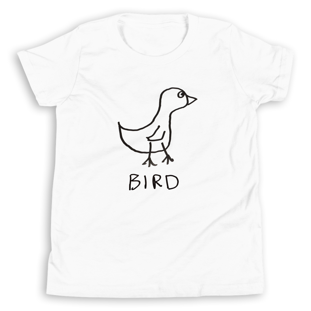 White kids t-shirt with a simple hand drawn line drawing of a bird and the word 'BIRD' on a white background