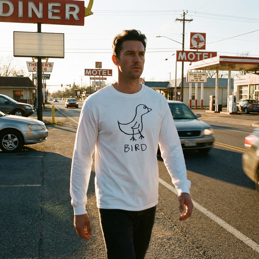 Model in a bird long sleeve tee on a front porch swing at a clapboard farmhouse