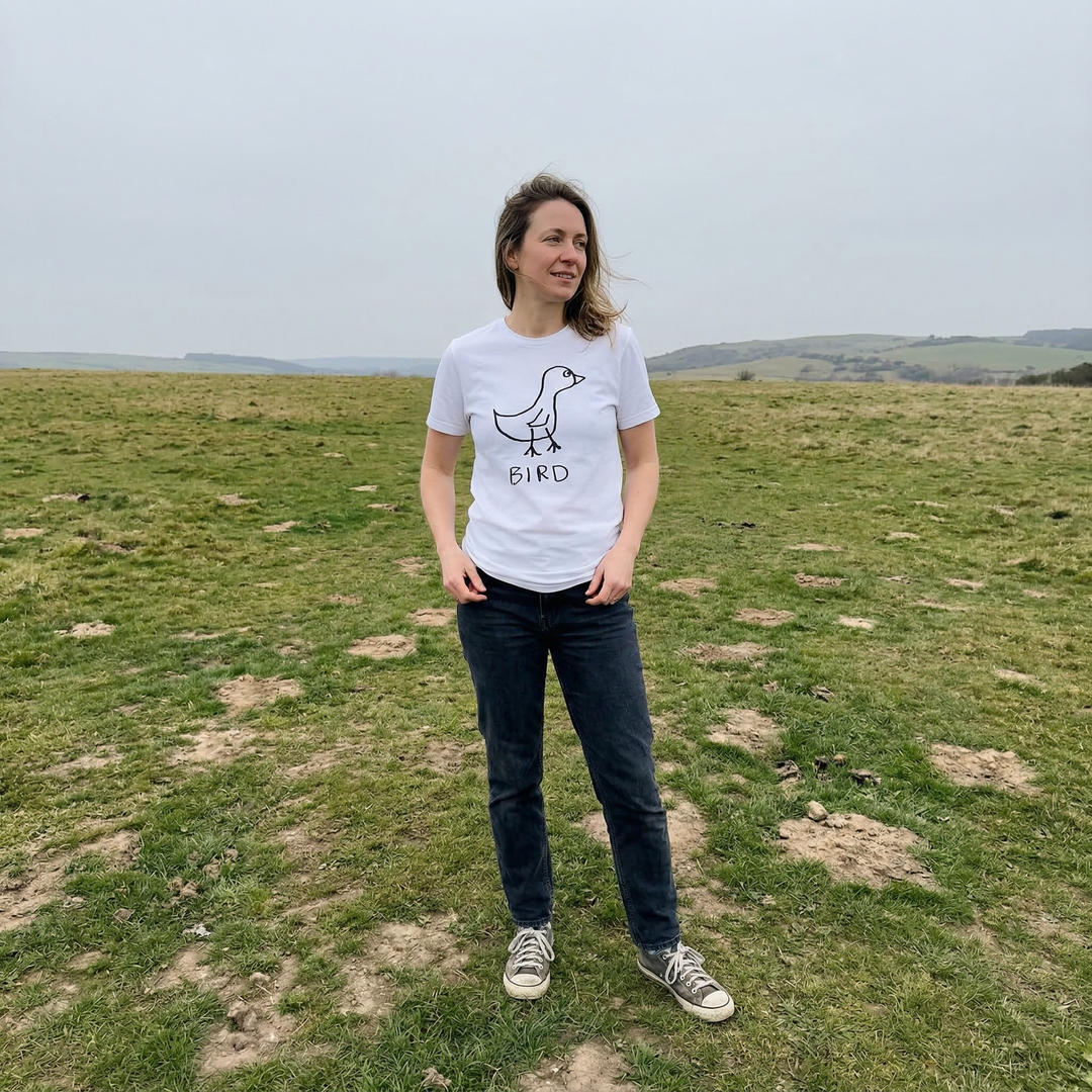 Bird shirt worn outdoors – minimalist lofi bird tee in natural setting