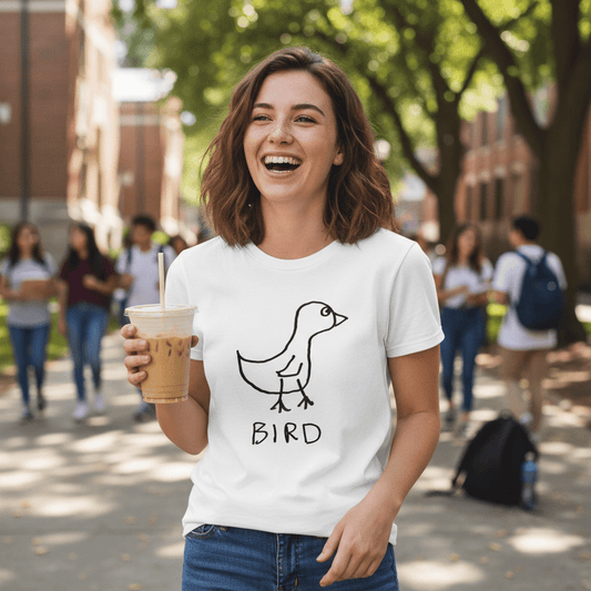 Woman wearing fitted womens t-shirt with simple hand drawn Bird graphic on a  college campus - lofi animal shirt style