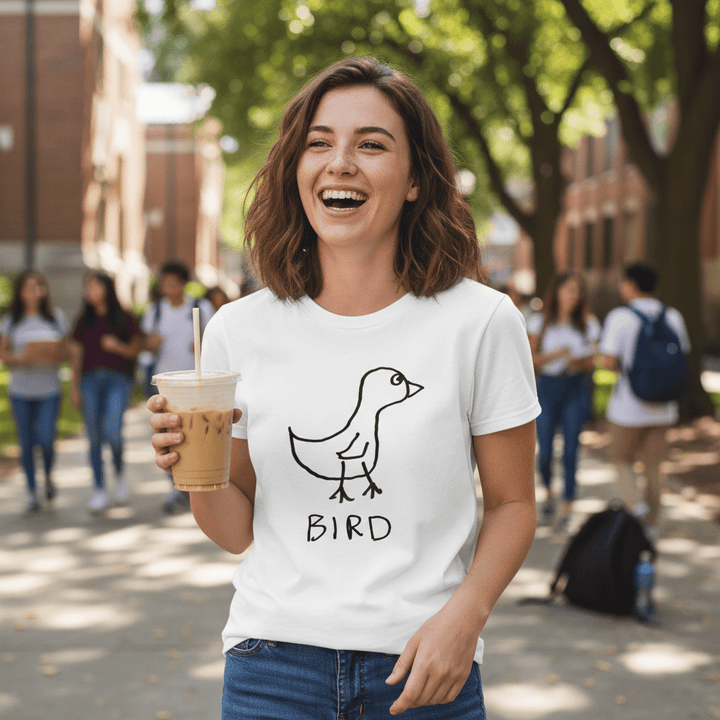Woman wearing fitted womens t-shirt with simple hand drawn Bird graphic on a  college campus - lofi animal shirt style