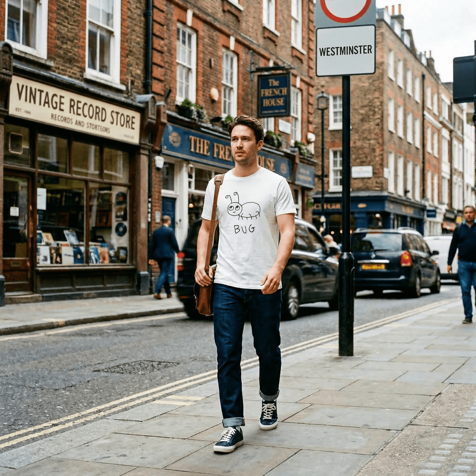 Man walking a rainy London street wearing a lo-fi Bug Classic Tee