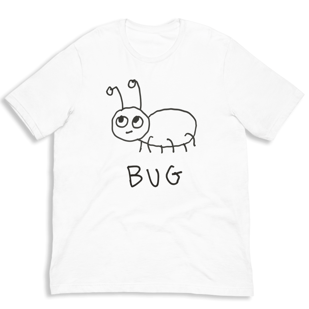 lo-fi Bug Classic Tee — hand-drawn bug graphic on a white t-shirt